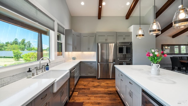 2570 Goodwin Ave, Penngrove, CA 94951 - kitchen with appliances with stainless steel finishes, gray cabinets, healthy amount of natural light, backsplash, and recessed lighting
