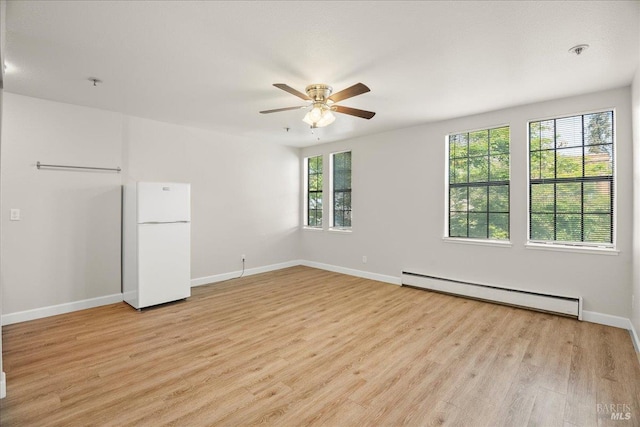 963 B St, Hayward, CA 94541 - empty room with a baseboard radiator, ceiling fan, light wood-type flooring, and fire sprinkler in ceiling