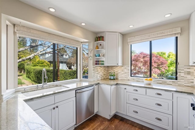 128 Walnut Ave, Mill Valley, CA 94941 - kitchen with dishwasher, white cabinets, light stone counters, tasteful backsplash, and recessed lighting