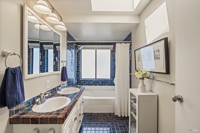 128 Walnut Ave, Mill Valley, CA 94941 - bathroom featuring shower / tub combo with curtain, double vanity, and tile patterned floors