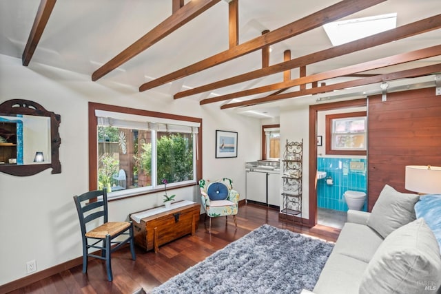 128 Walnut Ave, Mill Valley, CA 94941 - living area featuring wood finished floors, wood walls, and a skylight