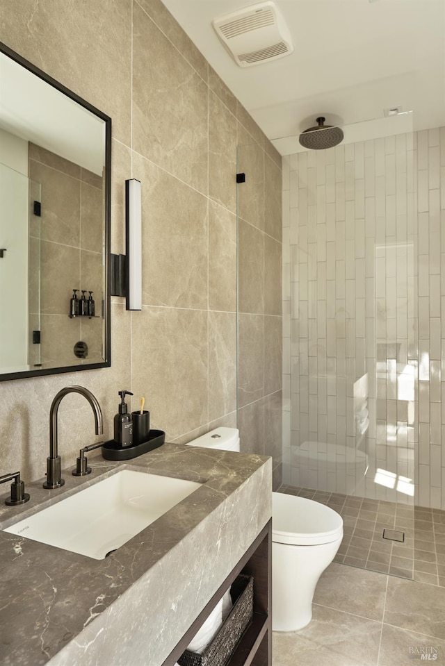 106 Vintners Ct, Napa, CA 94559 - full bathroom with tile walls, vanity, tiled shower, tasteful backsplash, and tile patterned flooring