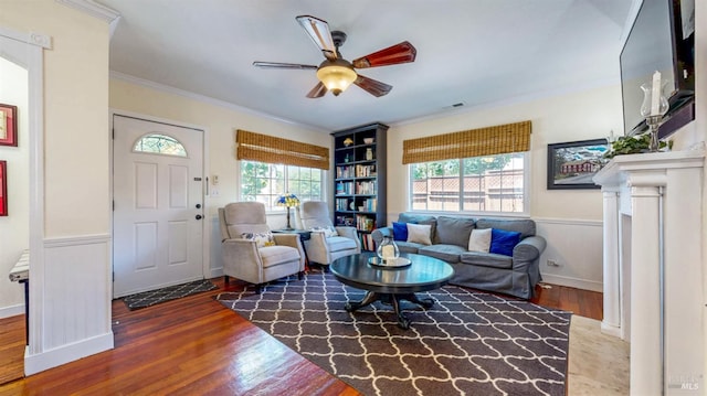 418 W Cotati Ave, Cotati, CA 94931 - living room with wood finished floors, crown molding, ceiling fan, and wainscoting