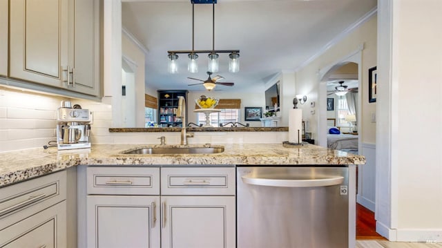 418 W Cotati Ave, Cotati, CA 94931 - kitchen featuring dishwasher, ceiling fan, light stone countertops, and ornamental molding