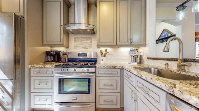 418 W Cotati Ave, Cotati, CA 94931 - kitchen with stainless steel appliances, wall chimney range hood, light stone countertops, tasteful backsplash, and crown molding