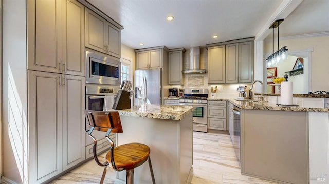 418 W Cotati Ave, Cotati, CA 94931 - kitchen featuring stainless steel appliances, wall chimney exhaust hood, gray cabinets, a peninsula, and recessed lighting