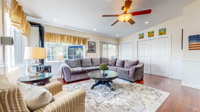 418 W Cotati Ave, Cotati, CA 94931 - living room featuring healthy amount of natural light, a ceiling fan, dark wood finished floors, recessed lighting, and wainscoting