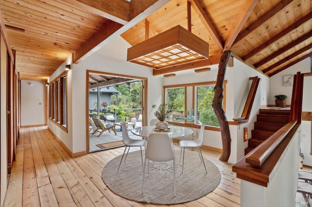 10 Miwok Way, Inverness, CA 94937 - dining area featuring wood ceiling, light wood-type flooring, and stairs