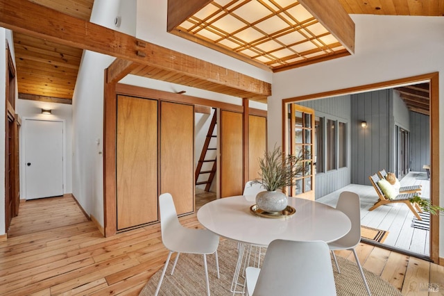 10 Miwok Way, Inverness, CA 94937 - dining area with light wood-style flooring, coffered ceiling, stairs, and beamed ceiling