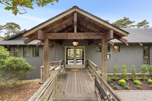 10 Miwok Way, Inverness, CA 94937 - property entrance with roof with shingles and french doors
