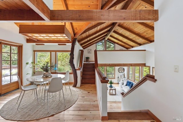 10 Miwok Way, Inverness, CA 94937 - dining room featuring hardwood / wood-style flooring, stairway, and wooden ceiling