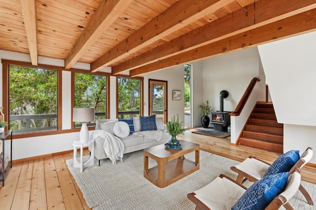10 Miwok Way, Inverness, CA 94937 - living area with light wood-style flooring, a wood stove, stairs, and a wood ceiling with exposed beams