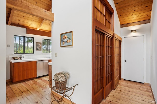 10 Miwok Way, Inverness, CA 94937 - corridor with wooden ceiling and light wood-style floors