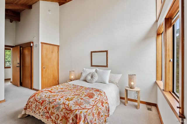 10 Miwok Way, Inverness, CA 94937 - bedroom featuring carpet, two closets, a towering ceiling, and a wood ceiling with exposed beams