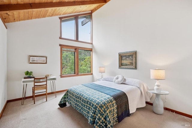 10 Miwok Way, Inverness, CA 94937 - bedroom with carpet flooring, a wooden ceiling with exposed beams, and high vaulted ceiling