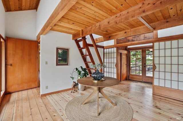 10 Miwok Way, Inverness, CA 94937 - entrance foyer with french doors, hardwood / wood-style flooring, and a wooden ceiling with exposed beams