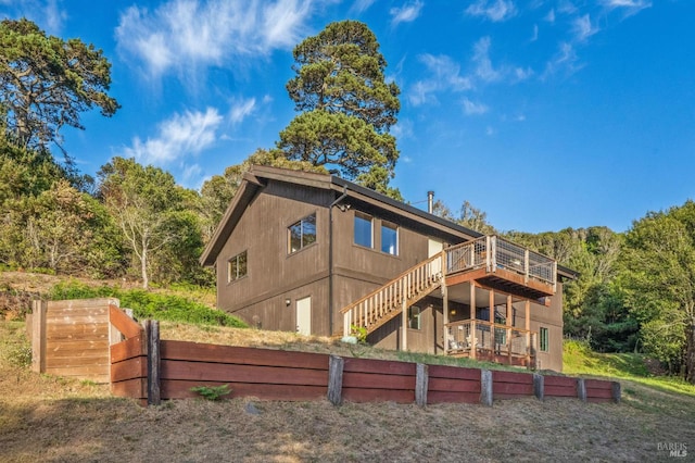 10 Miwok Way, Inverness, CA 94937 - rear view of property featuring a wooden deck and stairway