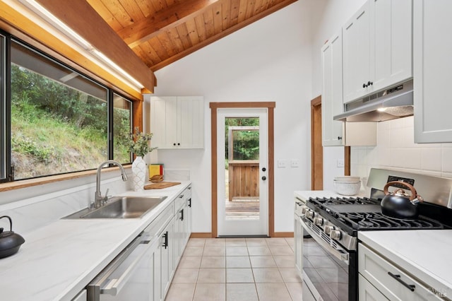 10 Miwok Way, Inverness, CA 94937 - kitchen with gas range, under cabinet range hood, backsplash, wood ceiling, and light countertops