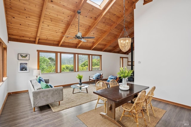 10 Miwok Way, Inverness, CA 94937 - dining space featuring a skylight, wood finished floors, a ceiling fan, a wooden ceiling with exposed beams, and high vaulted ceiling