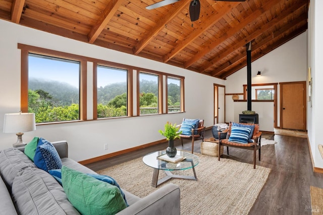 10 Miwok Way, Inverness, CA 94937 - living area with a wood stove, wood finished floors, a wood ceiling with exposed beams, a ceiling fan, and high vaulted ceiling