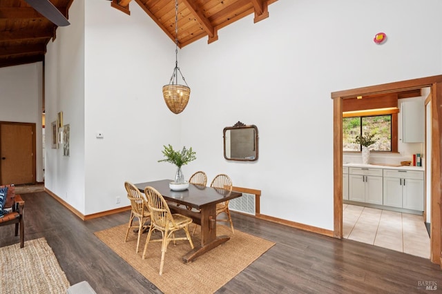 10 Miwok Way, Inverness, CA 94937 - dining space featuring a wooden ceiling with exposed beams, high vaulted ceiling, and light wood finished floors