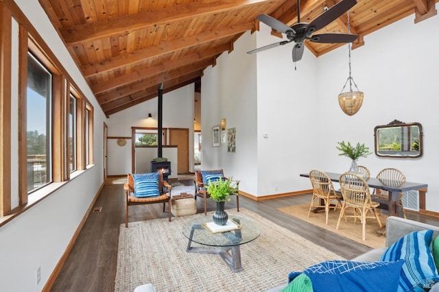 10 Miwok Way, Inverness, CA 94937 - living area with wood ceiling, wood finished floors, a wood stove, and ceiling fan