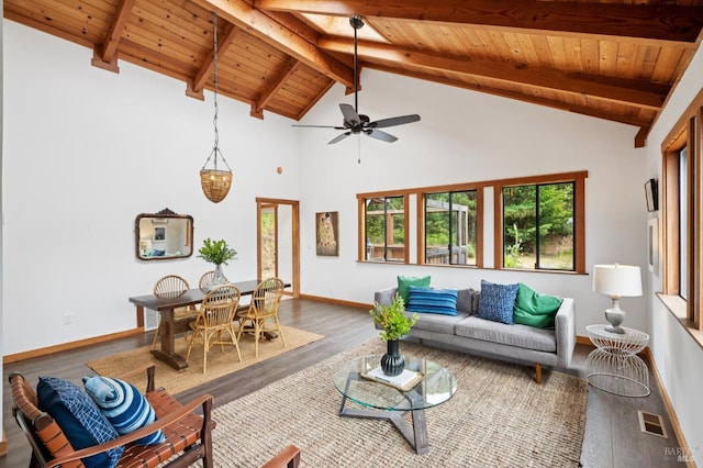 10 Miwok Way, Inverness, CA 94937 - living area featuring a wooden ceiling with exposed beams, wood finished floors, a ceiling fan, and high vaulted ceiling