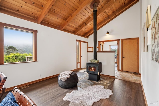 10 Miwok Way, Inverness, CA 94937 - living room featuring a wood stove, wood finished floors, a wooden ceiling with exposed beams, and high vaulted ceiling