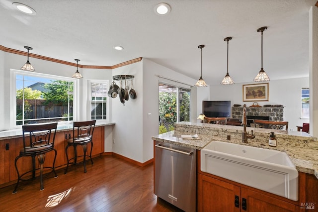 2128 Saint Augustine Cir, Petaluma, CA 94954 - kitchen featuring dishwasher, dark wood-type flooring, light stone counters, decorative light fixtures, and a fireplace