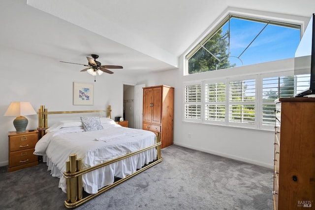 2128 Saint Augustine Cir, Petaluma, CA 94954 - carpeted bedroom with multiple windows, a ceiling fan, and high vaulted ceiling