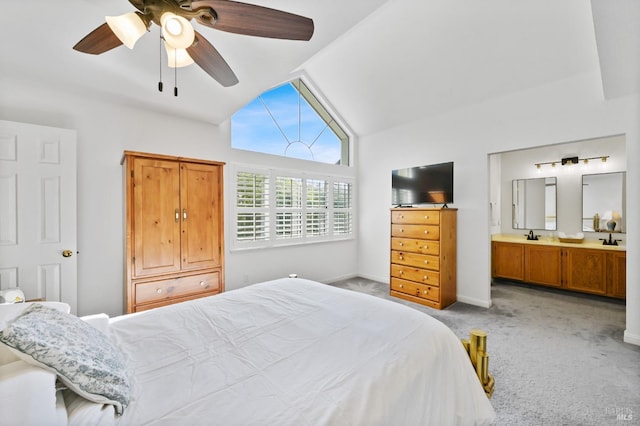 2128 Saint Augustine Cir, Petaluma, CA 94954 - bedroom with lofted ceiling, light colored carpet, ensuite bath, and ceiling fan