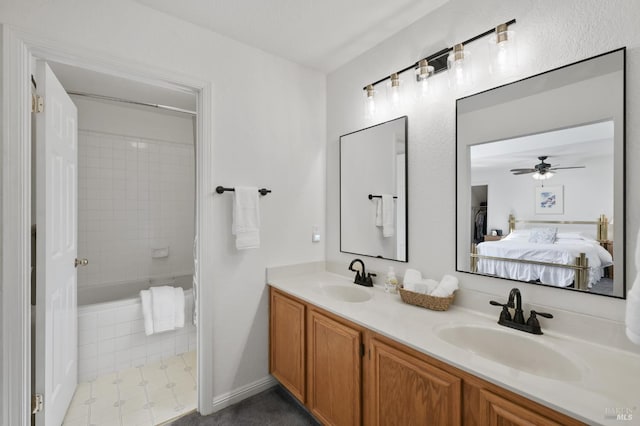 2128 Saint Augustine Cir, Petaluma, CA 94954 - bathroom with double vanity, connected bathroom, bathtub / shower combination, and a ceiling fan