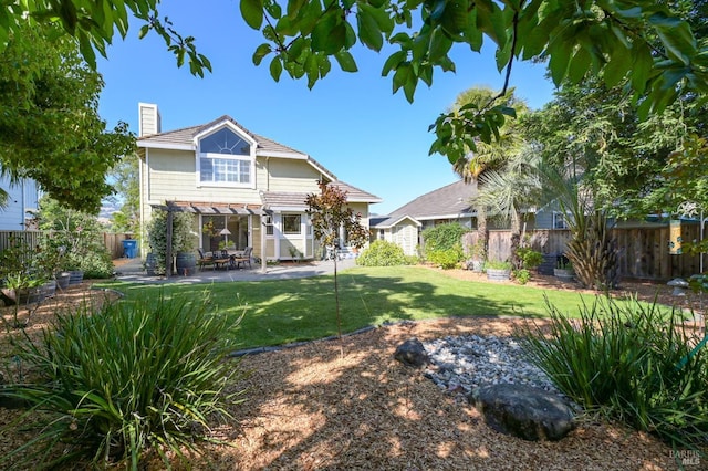 2128 Saint Augustine Cir, Petaluma, CA 94954 - rear view of house featuring a pergola, a chimney, a fenced backyard, and a patio area