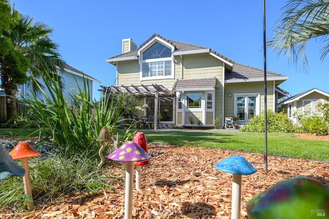 2128 Saint Augustine Cir, Petaluma, CA 94954 - rear view of house with a pergola, a chimney, a lawn, and french doors
