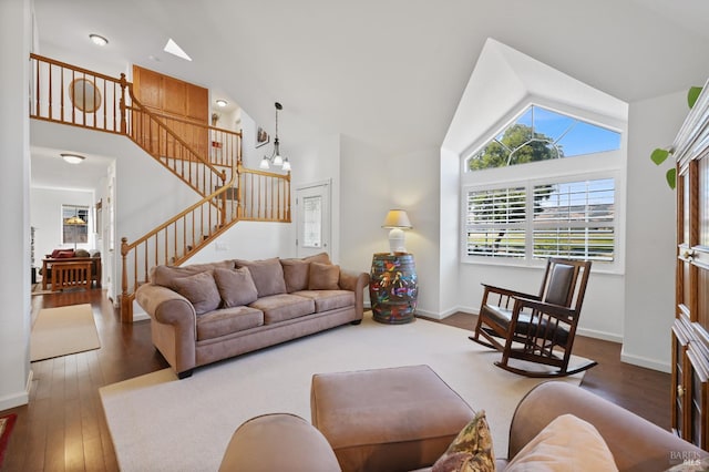 2128 Saint Augustine Cir, Petaluma, CA 94954 - living room with stairway, hardwood / wood-style flooring, and high vaulted ceiling