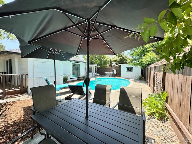 2300 W Park Ave, Napa, CA 94558 - view of pool with outdoor dining space, a shed, a fenced backyard, and a patio area