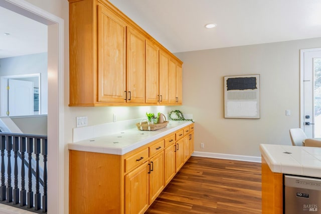 339 Sterling Way, San Rafael, CA 94903 - kitchen featuring dishwasher, dark wood-type flooring, tile countertops, and recessed lighting