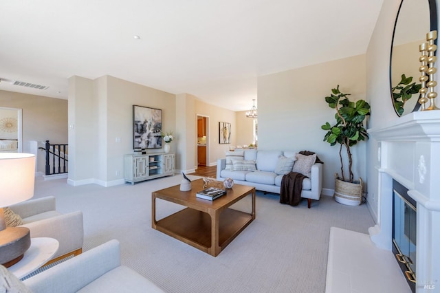 339 Sterling Way, San Rafael, CA 94903 - carpeted living area featuring a fireplace with flush hearth and a chandelier