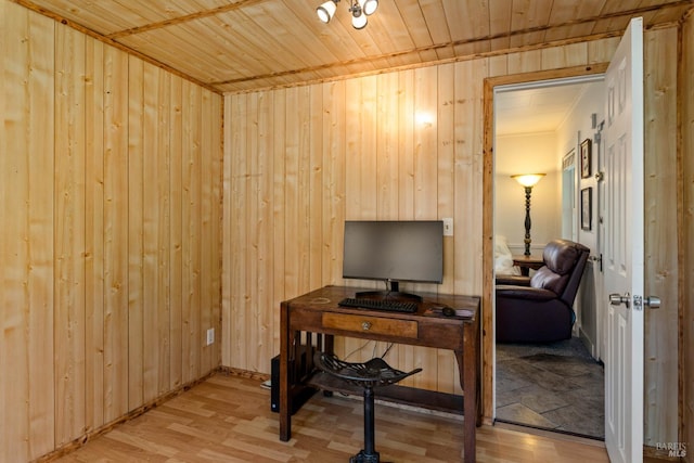 9748 Middle Creek Rd, Upper Lake, CA 95485 - office area with wood ceiling, wooden walls, wood finished floors, and ornamental molding