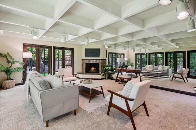 7 Shanley Ln, Ross, CA 94957 - living area featuring coffered ceiling, french doors, plenty of natural light, carpet floors, and beam ceiling