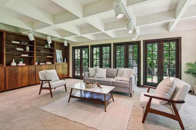 7 Shanley Ln, Ross, CA 94957 - living area with french doors, carpet flooring, coffered ceiling, beam ceiling, and plenty of natural light