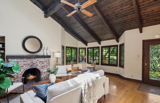 7 Shanley Ln, Ross, CA 94957 - living area featuring a wooden ceiling with exposed beams, wood finished floors, high vaulted ceiling, a ceiling fan, and a brick fireplace