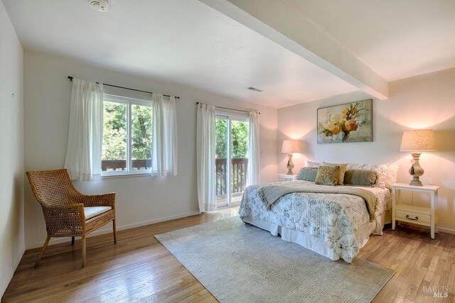 173 Marina Vista Ave, Larkspur, CA 94939 - bedroom featuring access to outside, light wood finished floors, and beamed ceiling
