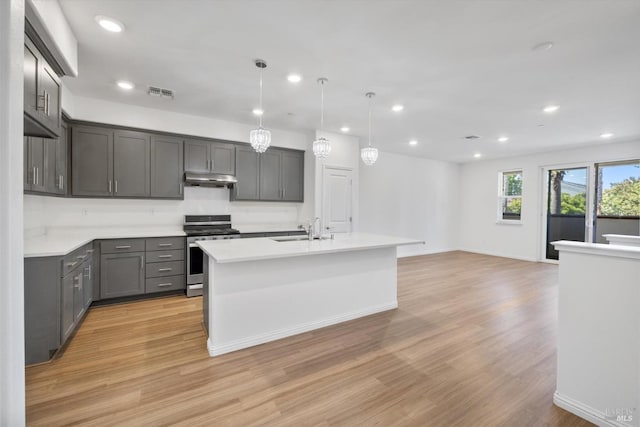 40708 Fremont Blvd, Fremont, CA 94538 - kitchen with stainless steel electric range, under cabinet range hood, light wood-style floors, gray cabinetry, and light countertops