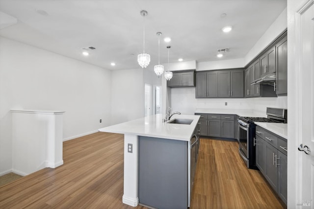 40708 Fremont Blvd, Fremont, CA 94538 - kitchen featuring stainless steel appliances, gray cabinets, light countertops, wood finished floors, and recessed lighting