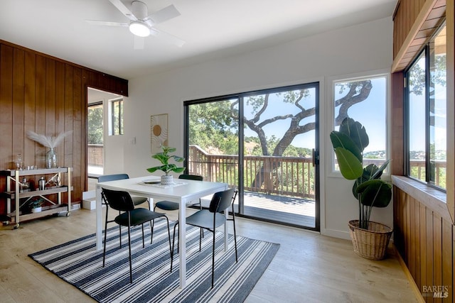 76 Oak Springs Dr, San Anselmo, CA 94960 - dining area featuring wooden walls, light wood-style floors, and ceiling fan