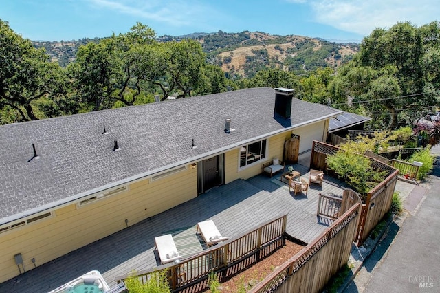 76 Oak Springs Dr, San Anselmo, CA 94960 - back of house with a deck with mountain view, roof with shingles, and a chimney