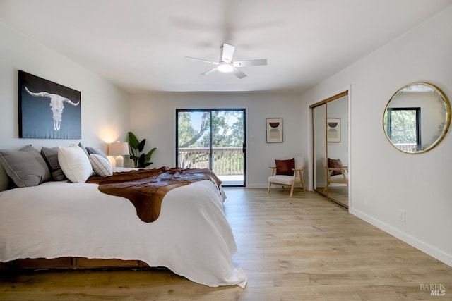 76 Oak Springs Dr, San Anselmo, CA 94960 - bedroom with access to exterior, light wood-style floors, a closet, and a ceiling fan