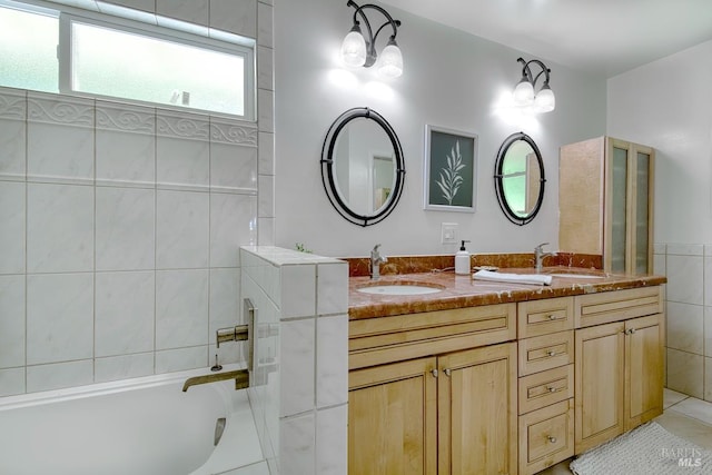76 Oak Springs Dr, San Anselmo, CA 94960 - bathroom featuring double vanity, a tub to relax in, tile walls, and tile patterned flooring