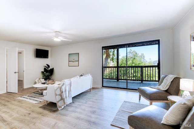 76 Oak Springs Dr, San Anselmo, CA 94960 - living area featuring light wood-style flooring, a ceiling fan, and ornamental molding